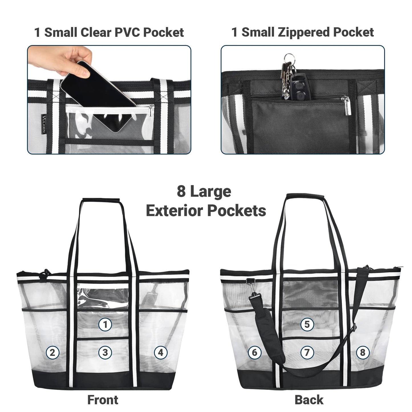 Vulken 42L Extra Large Mesh Beach Bag. 9 Pockets Top Zip Tote Bag Shoulder Bag. (Black&White)