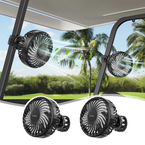 A2C 2-Pack Rechargeable Golf Cart Fan, 3 Speed Settings, 360° Rotation, Portable 4000mAh Battery Cooling Fan for EZGO, Club Car, Yamaha, Forklifts, Lawn Mowers, Fits 0.5"-1.5" Bars (2)