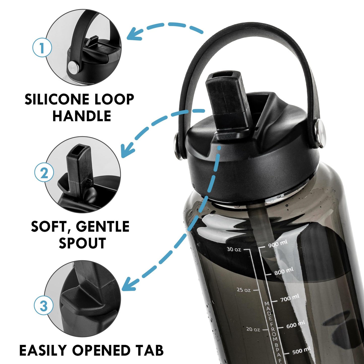 OLDLEY 32oz Water Bottle with Straw, Leakproof Tritan Clear Bottle with Marked Bottle and Carry Handle, BPA-Free Wide Mouth Reusable Sports Bottle for Gym,Hiking, Camping,Travel, Workout,Black