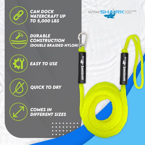 SandShark Premium Anchor Bungee Dock Line. Boat Accessories Anchor Line Absorbs Shock to Anchors and Docks w/Stainless Steel Clip - Neon Green - 7-14ft