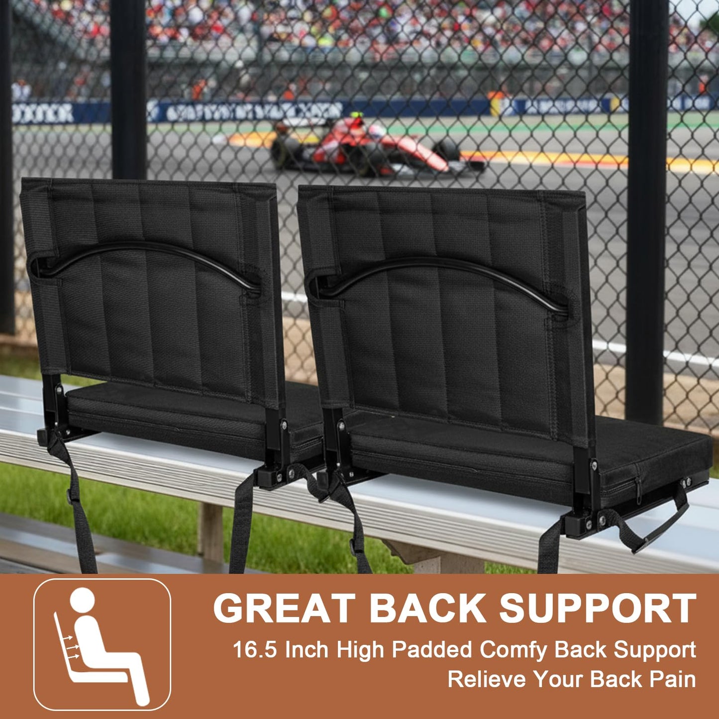 Romswi 2PK Stadium Seats for Bleachers with Back Support, Comfort Thick Padded Bleacher Seats with Cushion, Portable Folding Waterproof Bleacher Chair, with Shoulder Strap for Sports, Events, Camping