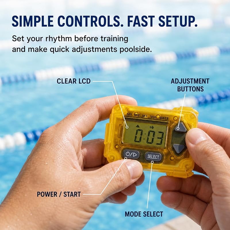 Yellow Swim Tempo Trainer IP68 Waterproof Audible Metronome & Stroke Timer - 3 Training Modes