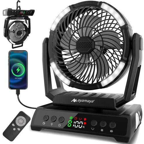 ayamaya Camping Fan with Light, 40000mAh Rechargeable Tent Fan with Remote, 9 Speeds Battery Powered Fans with Digital Display, Timer, Auto Oscillation & Hook for Camping, Outdoor Tents, Hurricane
