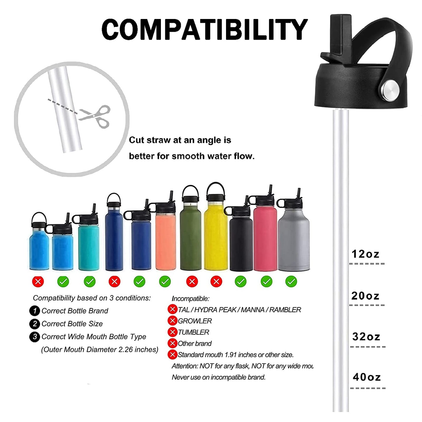 LLCJYYCY Straw Lid for Hydroflask Wide Mouth 2 Pack, Flex Straw Lid for HydroFlask Wide Mouth 20 32 40 oz, Flexible Handle Replacement Lid Straws Cap Top Accessories (Black)