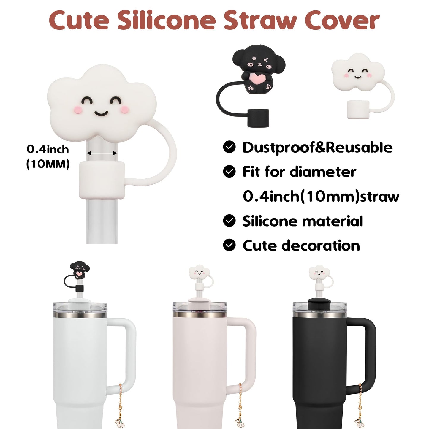 Noxgifix Stanley Cup Accessories Set,With 2 Pcs 10mm 0.4in Stanley Straw Cover,1 Silicone Protective Boot,3 Pcs Silicone Spill Proof Stopper,1 Handle Charm,for Stanley Cup 30&40 OZ Tumbler Accessories