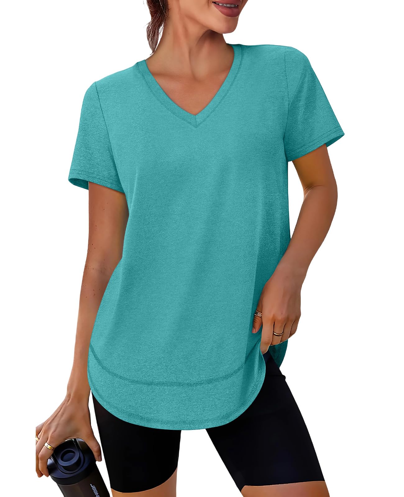 Workout Tops for Women Spring Summer Short Sleeve Golf Outfits Gym Essentials Activewear Running Shirts V Neck Aqua S