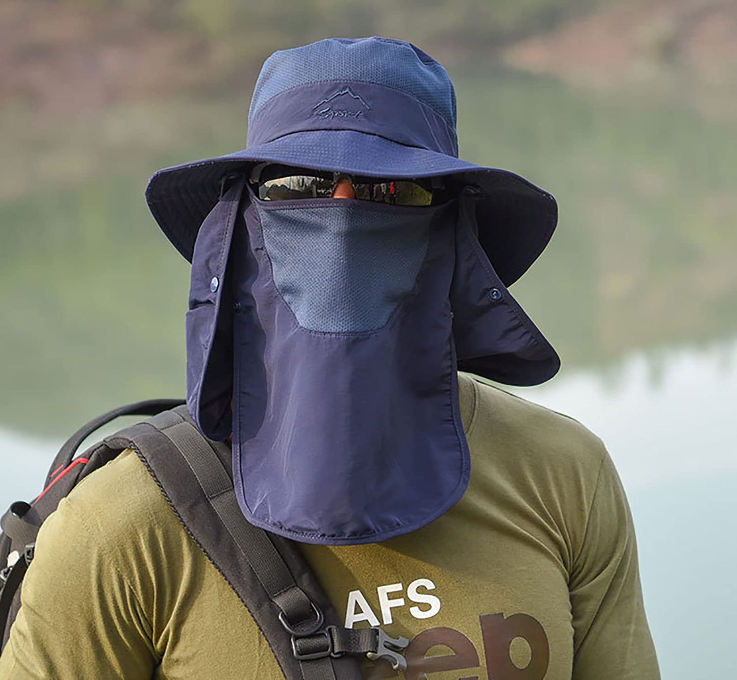 Sun Hat for Women Men Wide Brim with Removeable Neck Face Flap UPF50+ Fishing Bucket Hats Navy
