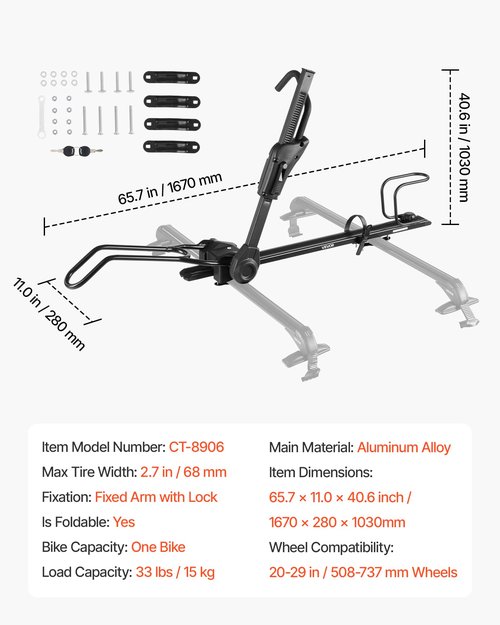 VEVOR Roof Bike Rack, 33 lbs Capacity, Foldable Upright Roof Mount Bicycle Rack with Locking Systems & Adjustable Arm for T-Slot Crossbars, Upright Rooftop Bike Rack 1 Bike Carrier for Car SUV, Black