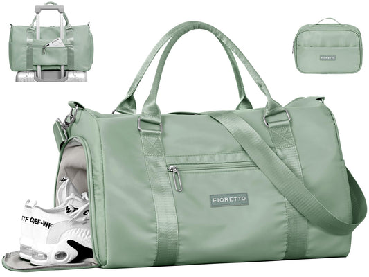 FIORETTO Womens Gym Tote Duffle Bag with Toiletry Bag, Sports Duffel Overnight Hospital Workout Carry on for Girls with Wet Pocket & Shoe Compartment, Ideal for Travel, Swimming, Celadon