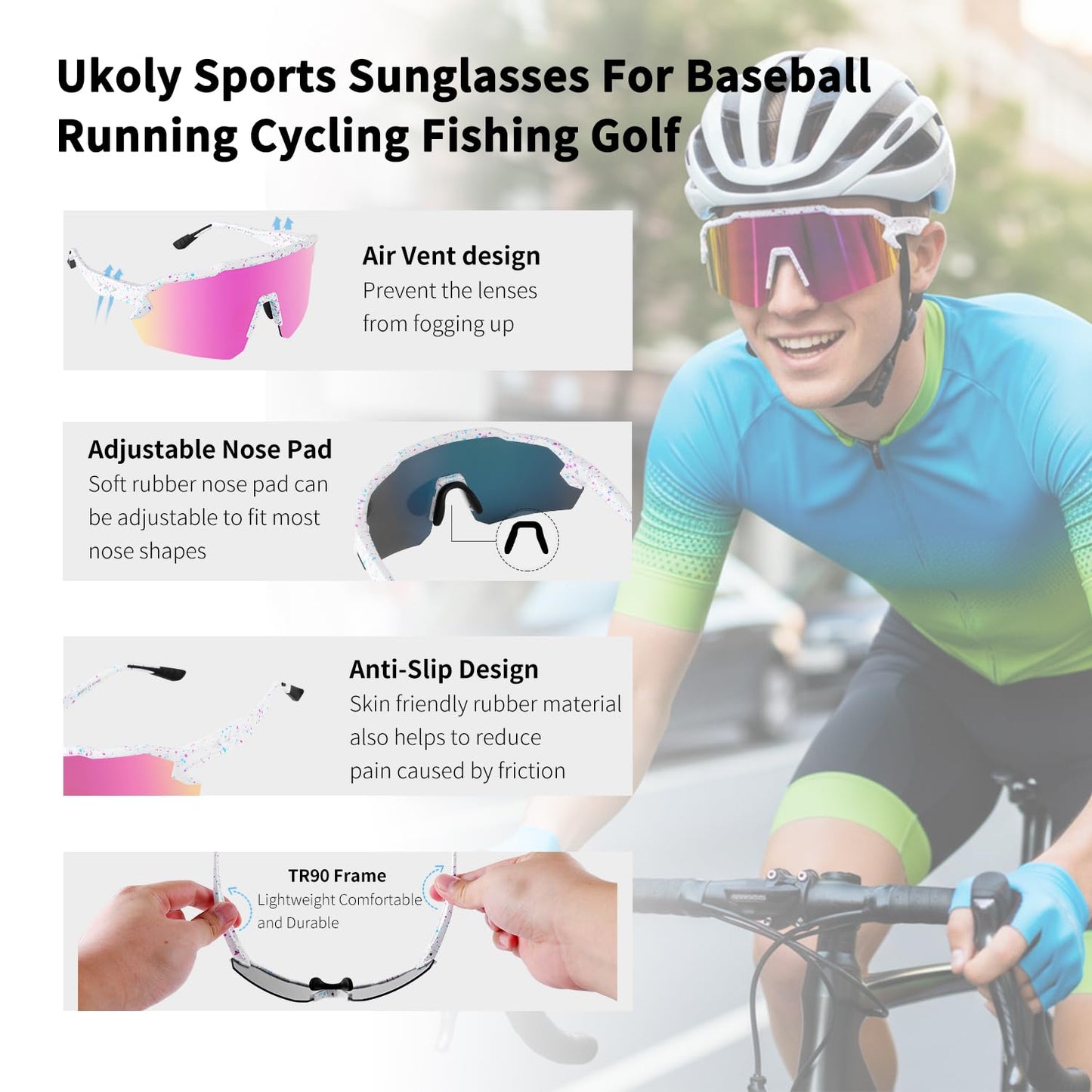 Ukoly Baseball Sunglasses For Men Women,Sports Sunglasses For Baseball Running Cycling UV400 protection TR90 Frame 615 (Pink)