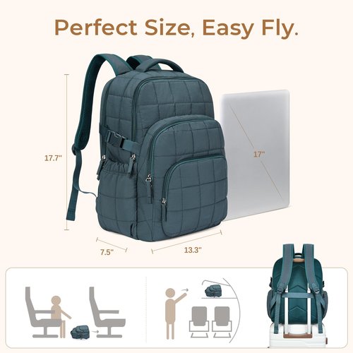 CLUCI 17.3 Inch Laptop Backpack for Women, Anti Theft Travel Backpack, Puffer Quilted Work Backpack, Water Resistant College Bookbag, Carry on backpack with RFID(Green)