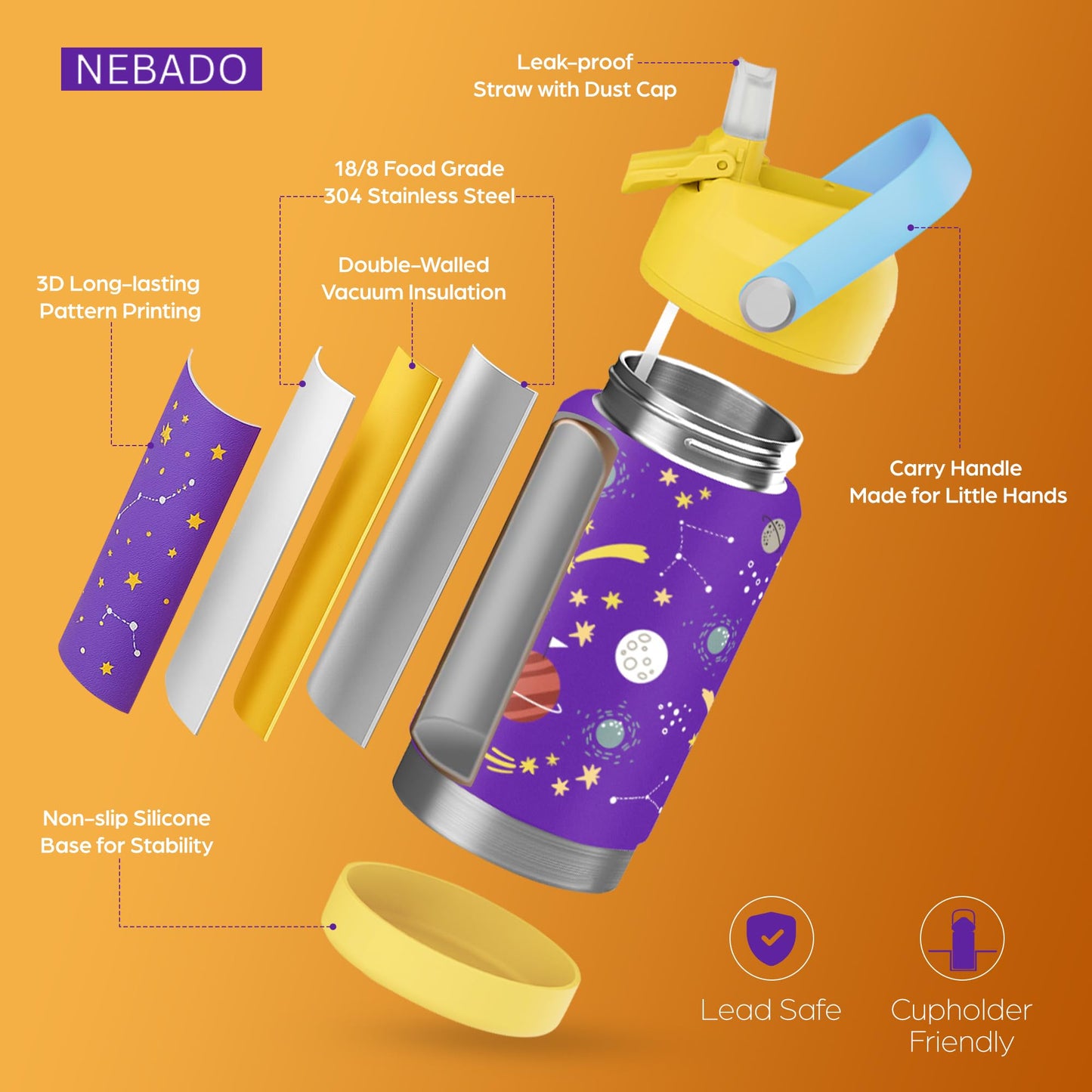 NEBADO Kids Stainless Steel Insulated Water Bottle with Straw 12oz - Leak Proof Toddler Thermos Cup for School, BPA Free with Handle & Non-Slip Silicone Base, Dishwasher Safe, Cosmic Purple