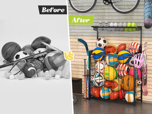 Sports Equipment Organizer, Big Garage Storage Ball Rack with Elastic Straps and 3 Hooks, Outdoor Toy Organizer Stand, Garage organization Storage Rack for Basketball, Football, Soccer, Volleyball