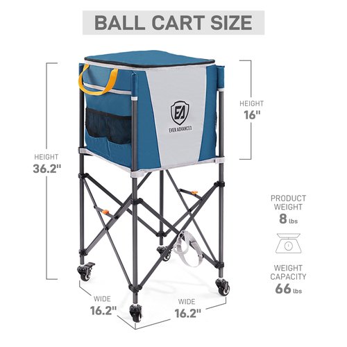 EVER ADVANCED 150 Tennis Capacity Ball Hopper Rolling Ball Cart with Side Pockets, 16.2 x 16.2in Folding Pickleball Basket with Wheels, Sports Equipment Organizer for Baseball Training/Practice, Blue