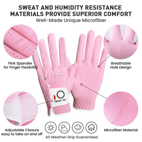 FINGER TEN Golf Gloves Womens Ladies 1 Pack Glove Left Hand for Right Handed Golfer, Wet Hot Cool Rain Grip Weathersof All Weather, Fit Small Medium Large XL (Pink, Medium(Worn On Left Hand))