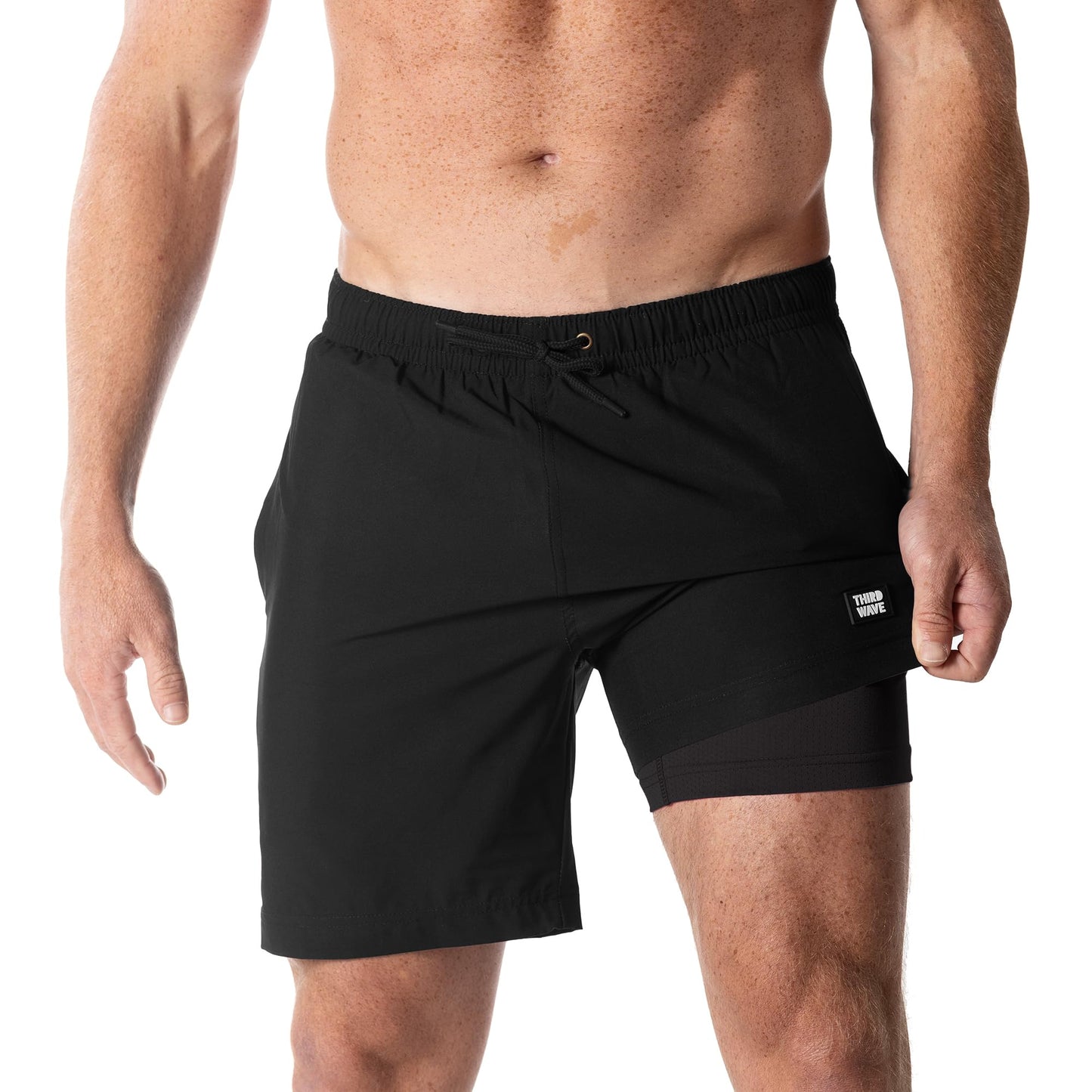 Third Wave Swim Trunks with Compression Liner - Men's Premium 7 Inch Inseam Quick Dry Swim Shorts for Beach and Swimming (Black/Black 7 M)