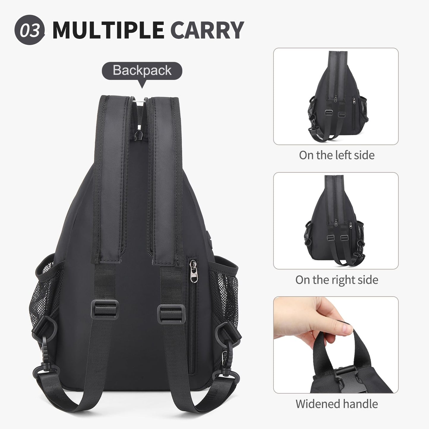 SUIKIHUM Crossbody Sling Bag with Water Bottle Holder, 8.3" Convertible Small Backpack Anti Theft Daypack, Chest Fanny Pack for Men Women, Black