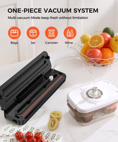 Vacuum Sealer for Food,75 Kpa Precision Suction Power 6-in-1 Food Sealer with Digital Timer, Dry & Moist Food Modes, Compact Design with 10 Vacuum Bags & Built-in Cutter