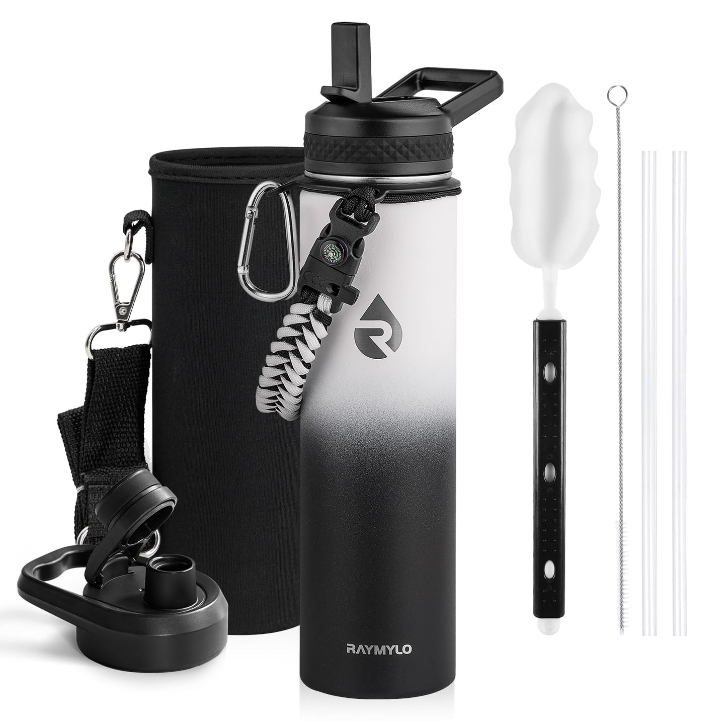 RAYMYLO Insulated Water Bottle 24 oz, Triple Wall Vacuum Stainless Steel (Cold for 24Hrs, Hot for 12Hrs), Leak Proof & Non-BPA, Modern Water Flask Jug with Paracord Handle & Straw Spout Lids