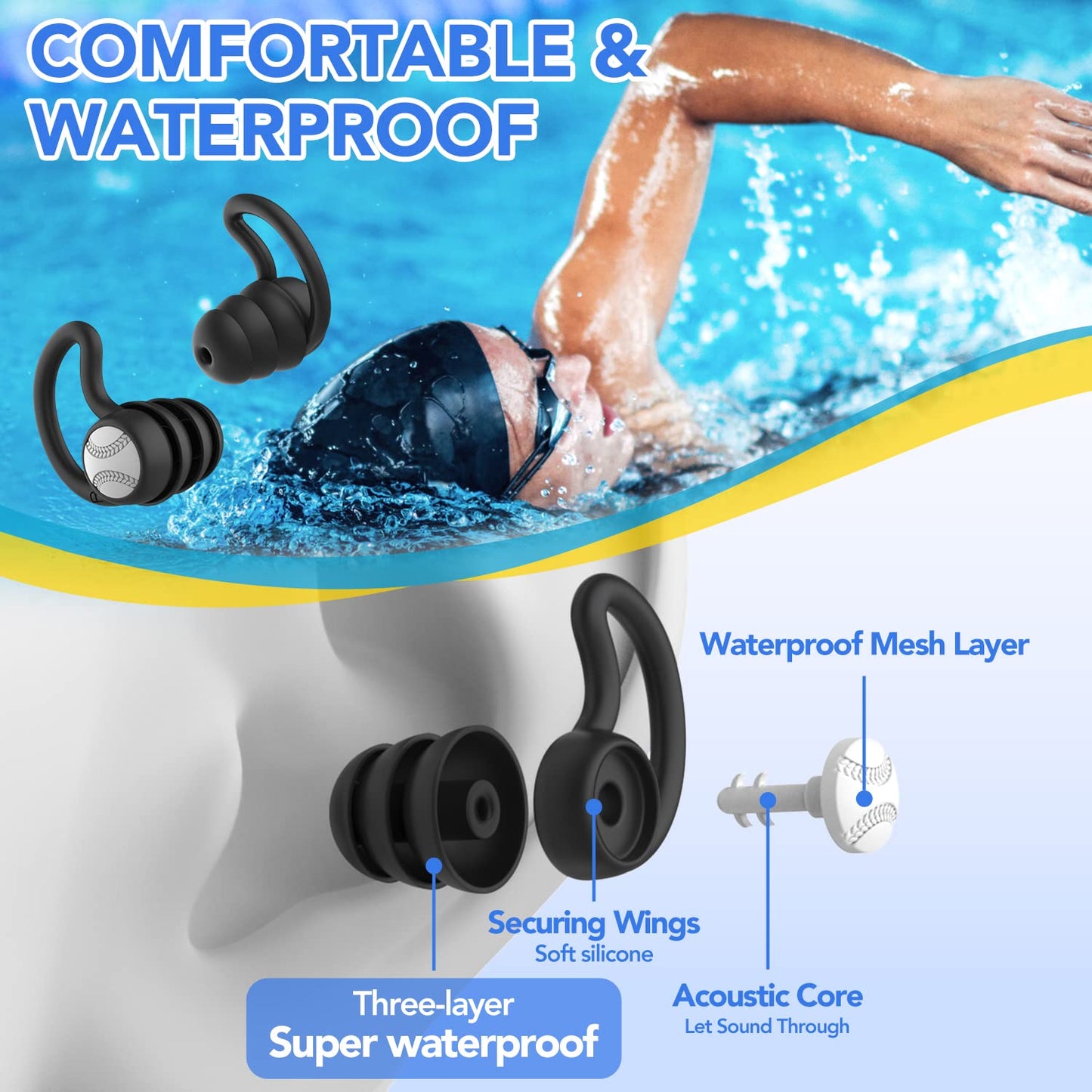 Swimming Ear Plugs Waterproof Earplugs - 3 Pairs Silicone Swim Ear Plugs for Adult Kids, Water Sports Earplugs for Showering, Bathing, Surfing - Keep Ear Water Out (Blue, Black)