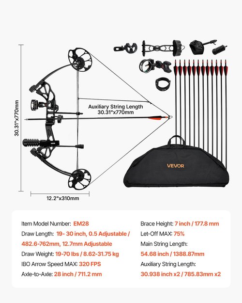 VEVOR Compound Bow Archery, Adjustable 19-30 in Draw Length Compound Bow Package for Beginner, 19-70 Lbs Draw Weight Archery Bows and Arrow Set, Right Hand Kit with Hunting Equipment, 320 fps, Black