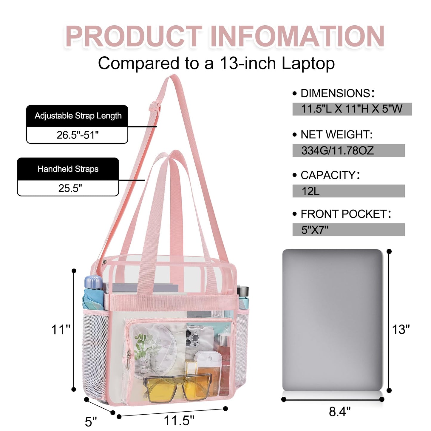 USPECLARE Clear Bag for Stadium Events, 12x6x12 Transparent Stadium Messenger Bag for Concerts, Work, Sports Games, Gym