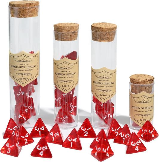 24Pce Red Polyhedral D4 Dice Set, Roleplaying Healing Potion Bottles with Cork Lids for RPG Board Table Gaming, Compatible with Dungeons and Dragons D&D MTG Accessories