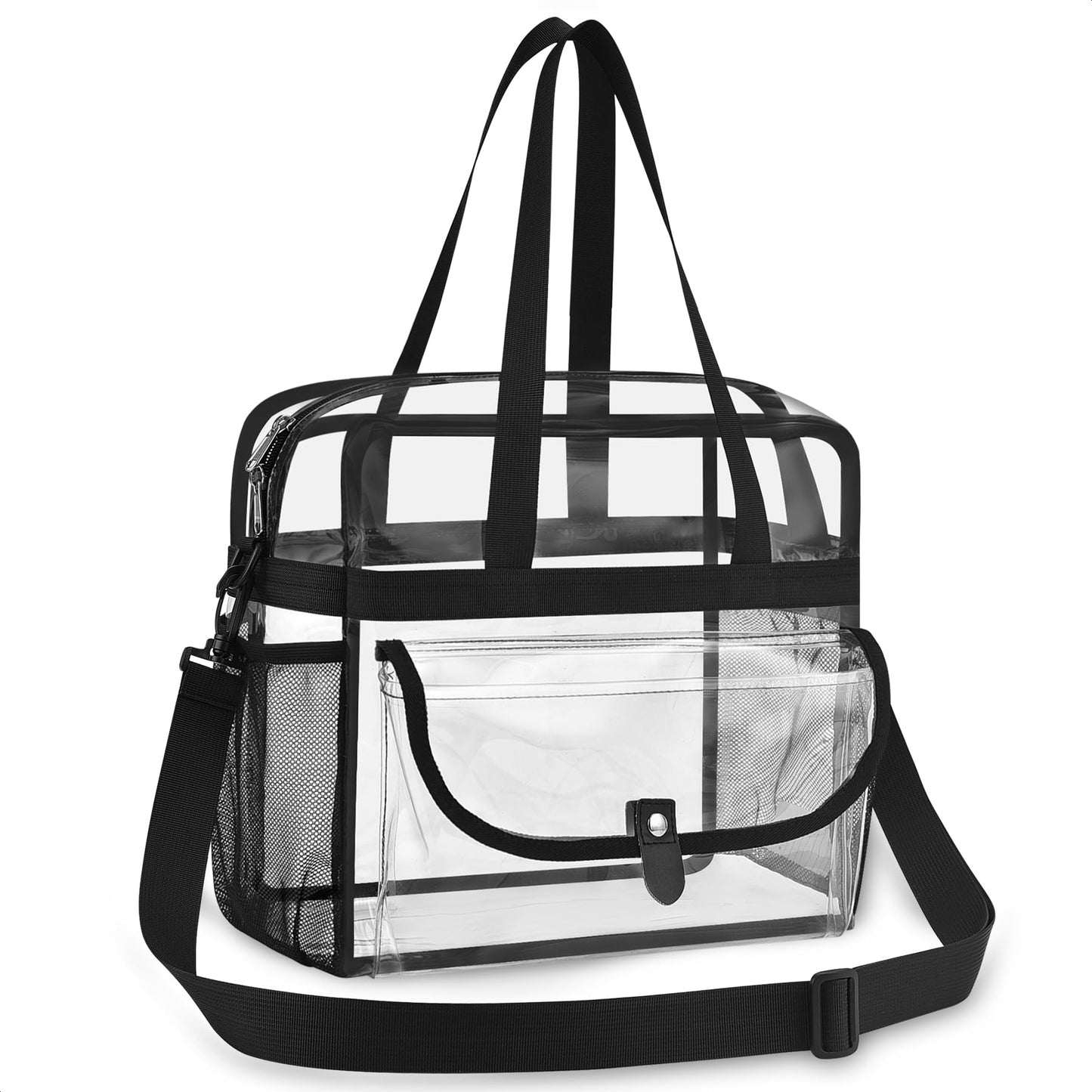 Higuyst Clear Tote Bag 12x12x6 for Sports Events & Concerts,Transparent Stadium Bag with Adjustable Strap, Mesh Pockets (Black)