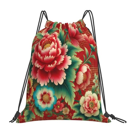 allgobee Drawstring Travel Backpack Chinese Flower Red Plaid Sports Gym Bag For Swimming,Beach