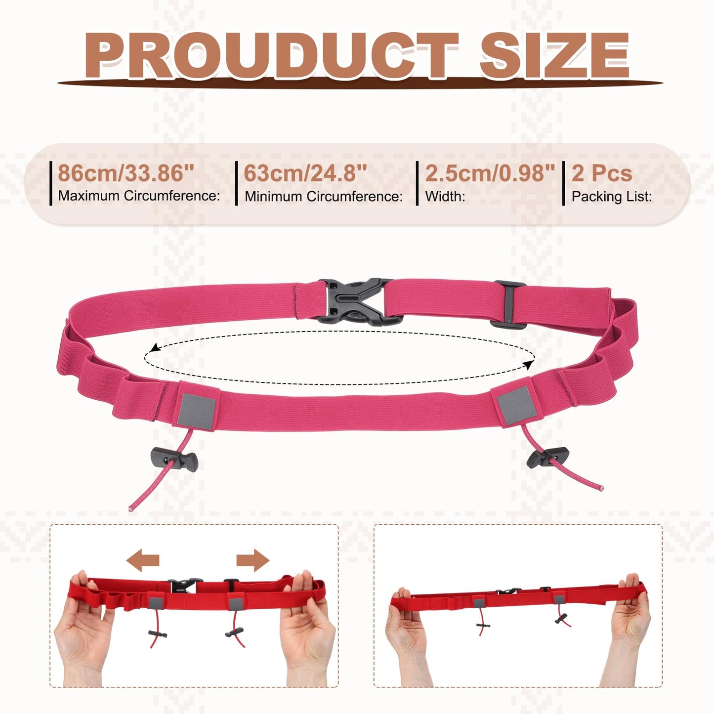 YELARXI Bib Belt, Race Belt Triathlon Running Number Holder Elastic Comfortable with 6 Gel Loops, Sport Race Bib Holder 2Pcs, Rose Red for Runners/Marathon/Cycling