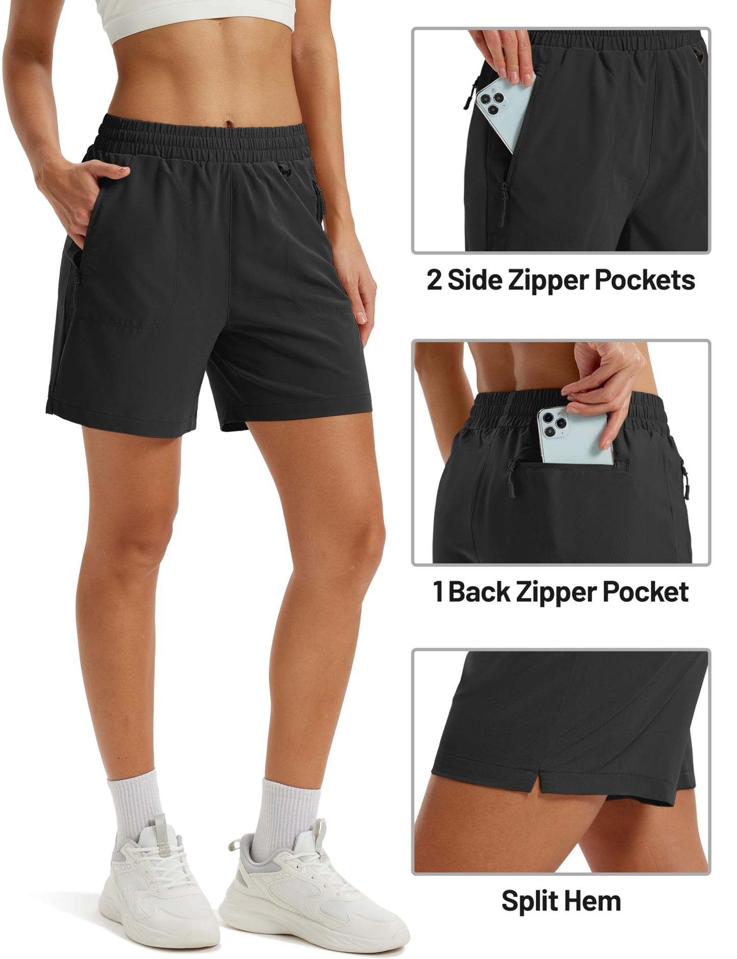 TACVASEN Athletic Shorts for Women Quick Dry Lightweight 5" Hiking Shorts with Pockets Golf Casual Workout UPF 50+ Water Resistant Summer Black L