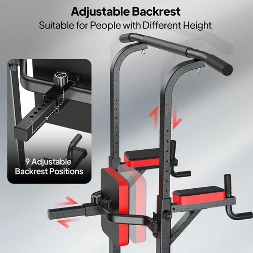Pooboo Power Tower Dip Station Pull Up Bar for Fitness Home Gym Workout,Multi-Function Adjustable Height Fitness Strength Training Exercise Equipment,without Power Elastic Ropes