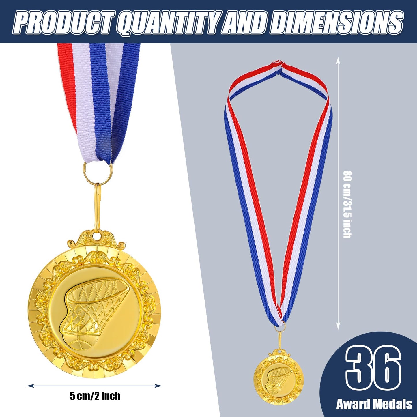 Misdary 36 Pcs Basketball Medals for Kids 2'' Gold Sports Awards Basketball Team Medals Bulk Trophy with Red White Blue Stripes Ribbon for Kids Sports Party Winner Gifts