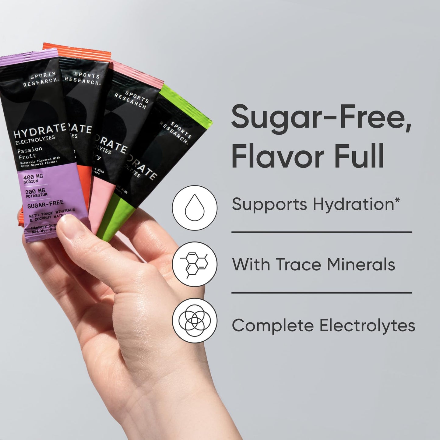 Sports Research® Hydrate Electrolytes Powder Packets - Sugar-Free & Naturally Flavored with Vitamins, Minerals, and Coconut Water - Supports Hydration - 16 Packets - Variety Pack