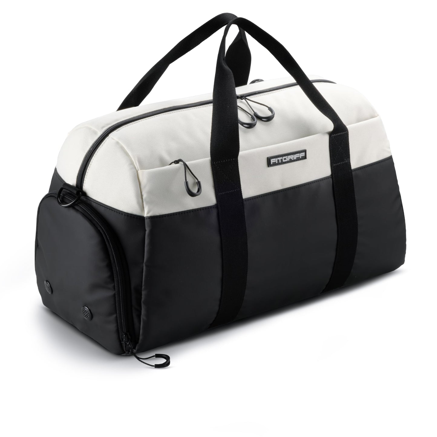 Fitgriff® Gym Bag V2 for Men and Women with Shoe & Wet Compartment - Duffle Bag for Travel, Sports, Fitness and Workout (Black/Cream White, 22 x 12 x 13″ (Medium))