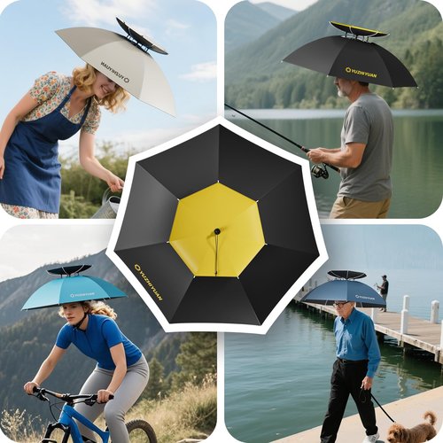 Umbrella Hat, 30.7/35.4/42.9 inch Umbrella Hats for Adults, Professional Black Coating Provides UPF 50+ UV Protection, Silicone Headband and Chin Strap for Fishing, Camping, Gardening Shade and more.