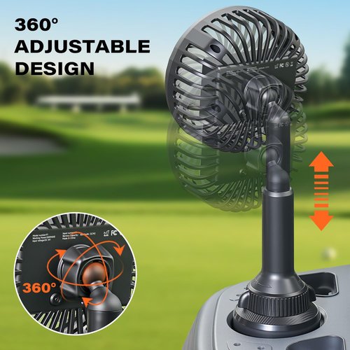 A2C Golf Cart Fan Rechargeable, Cup Holder Base Battery Operated Cooling Fan, 3 Speeds Powerful Airflow Compatible with EZGO, Club Car, Yamaha, 360° Rotatable Golf Cart Accessories