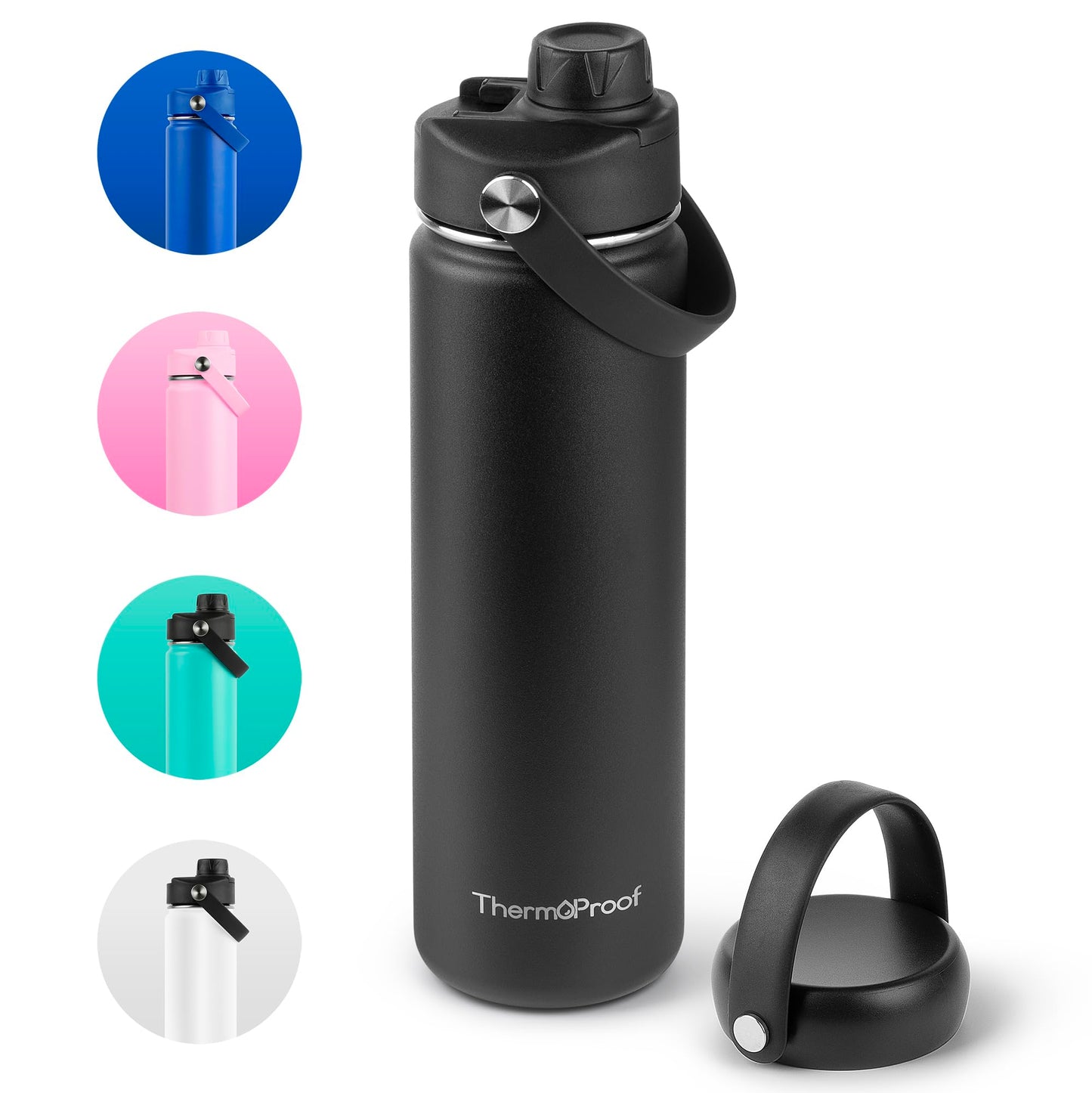 ThermoProof Double-Walled Vacuum Insulated Stainless Steel Water Bottle - Wide Mouth with Chug & Spout Lids, Dishwasher Safe, Reusable, Leakproof, Hot & Cold for Men, Women & Kids - 22oz, Black