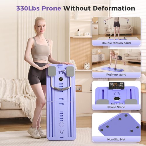 Mosdos Portable Pilates Reformer Machine for Home Gym - Auto-Rebound Pilates Board with Abdominal Core Trainer & Full Body Workout | Professional Pilates Equipment for Men/Women-Purple