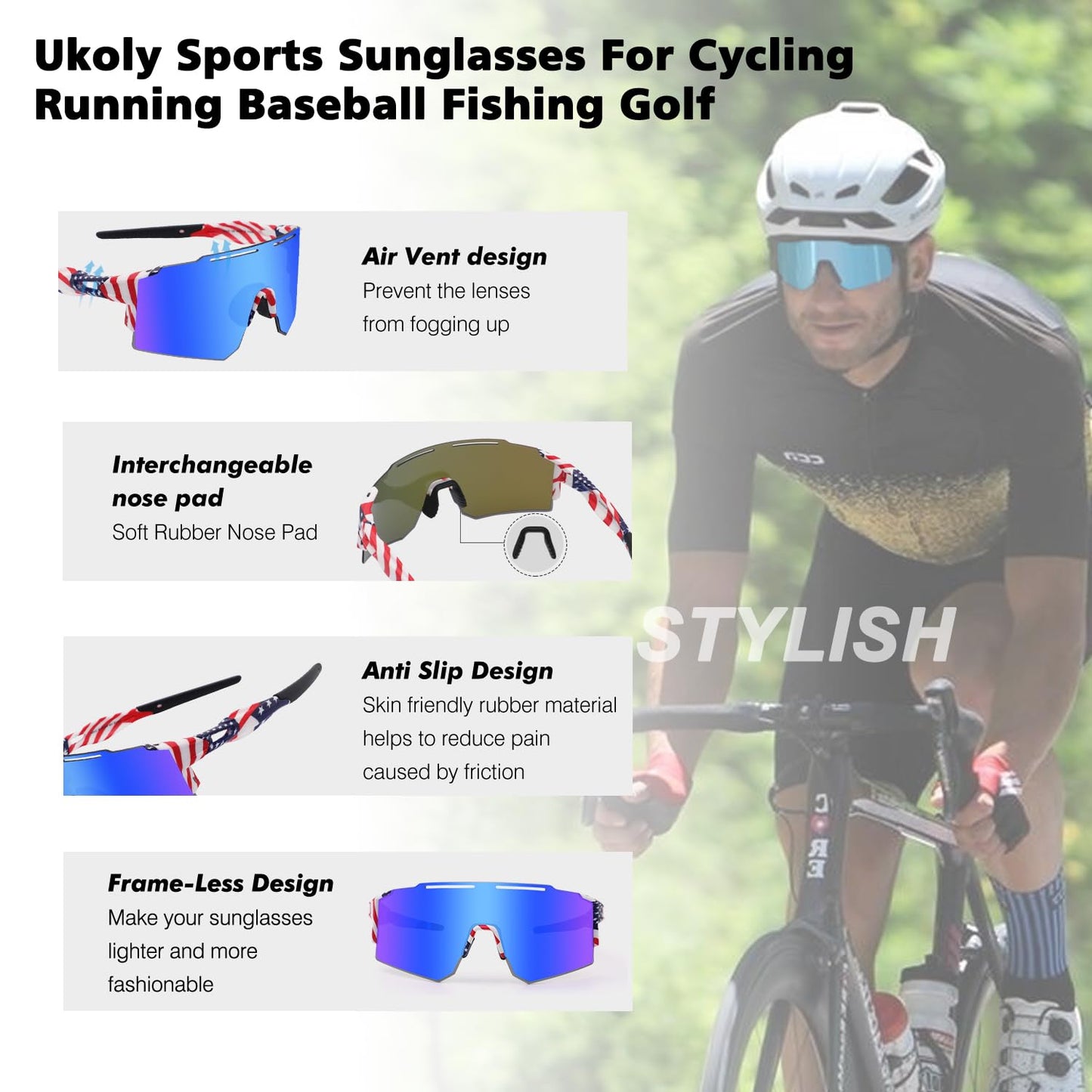Ukoly Cycling Sunglasses with Interchangeable Nose Pad Youth Men Women, Sports Sunglasses, Fishing Baseball glasses
