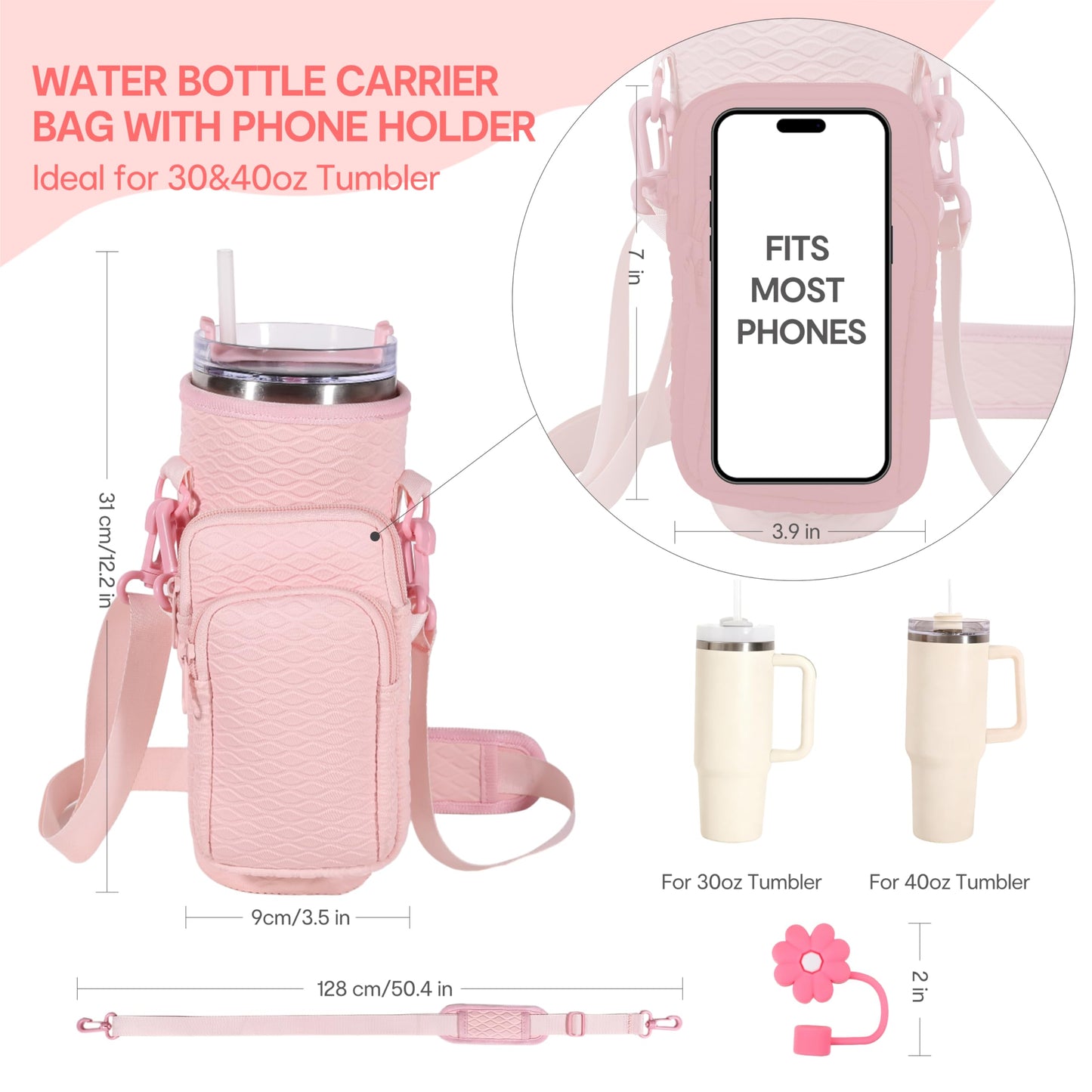 &And Per Se Water Bottle Shoulder Bag for Women, Neoprene Carrier with Phone Pocket & Pink Charm, Adjustable Crossbody Strap Fits Stanley 30oz Tumblers, Gift for Her (Pink)