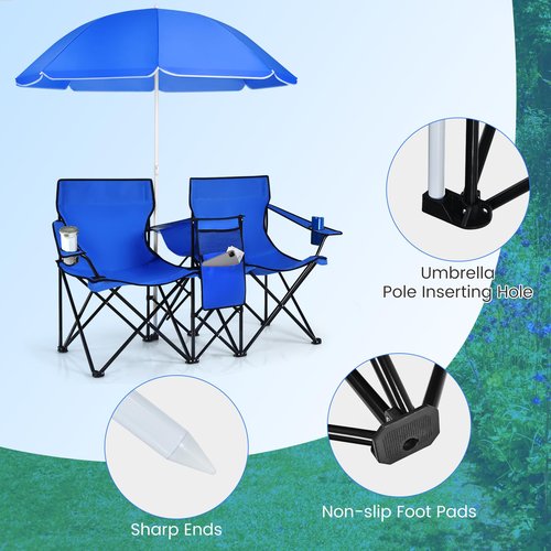 CHEFJOY Double Camping Chair, 2-Person Portable Beach Chair w/Removable Umbrella, Cup Holders & Carrying Bag, Folding Loveseat Chairs for Adults Outdoor Picnic (Blue)