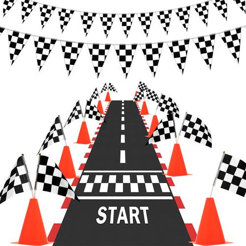 AHIER 38 Pcs Traffic Cones and Racing Flags Set - 12 Plastic Cones With Hole, 24 Checkered Flags With Sticks, 6.5Ft Racetrack Floor Runner and 9.8ft Race Track Banner