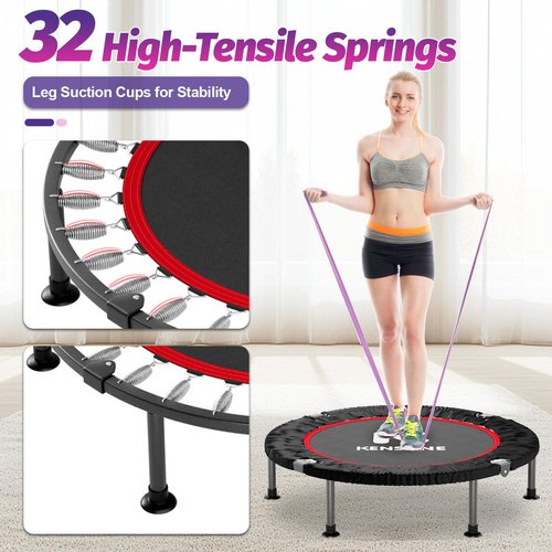 K KENSONE 40" Mini Spring Trampoline with Purple Resistance Band, Rebounder Trampoline for Adults, Small Fitness Rebounder for Indoor Exercise, Max Load 330 LBS