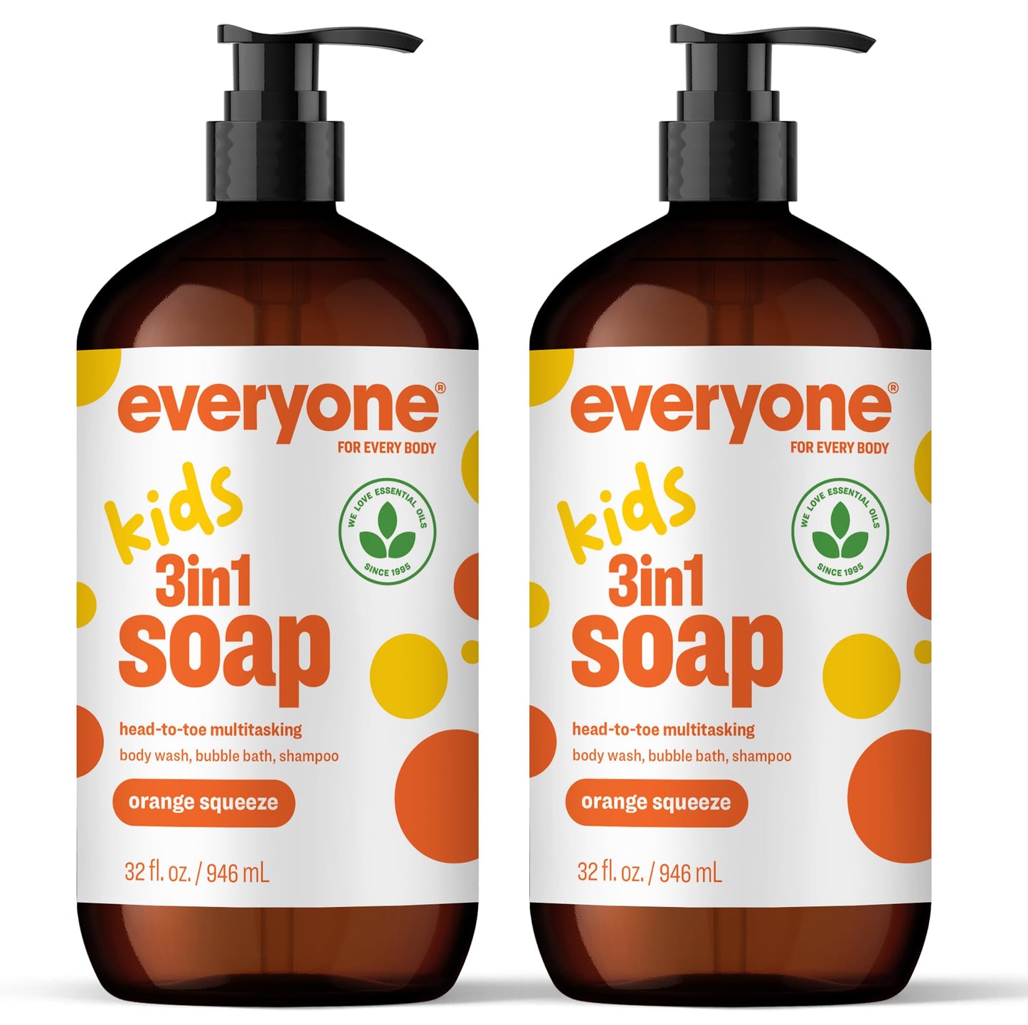 Everyone 3-in-1 Kids Soap, Body Wash, Bubble Bath, Shampoo, 32 Ounce (Pack of 2), Orange Squeeze, made with Essential Oils for Toddlers, tweens and teens