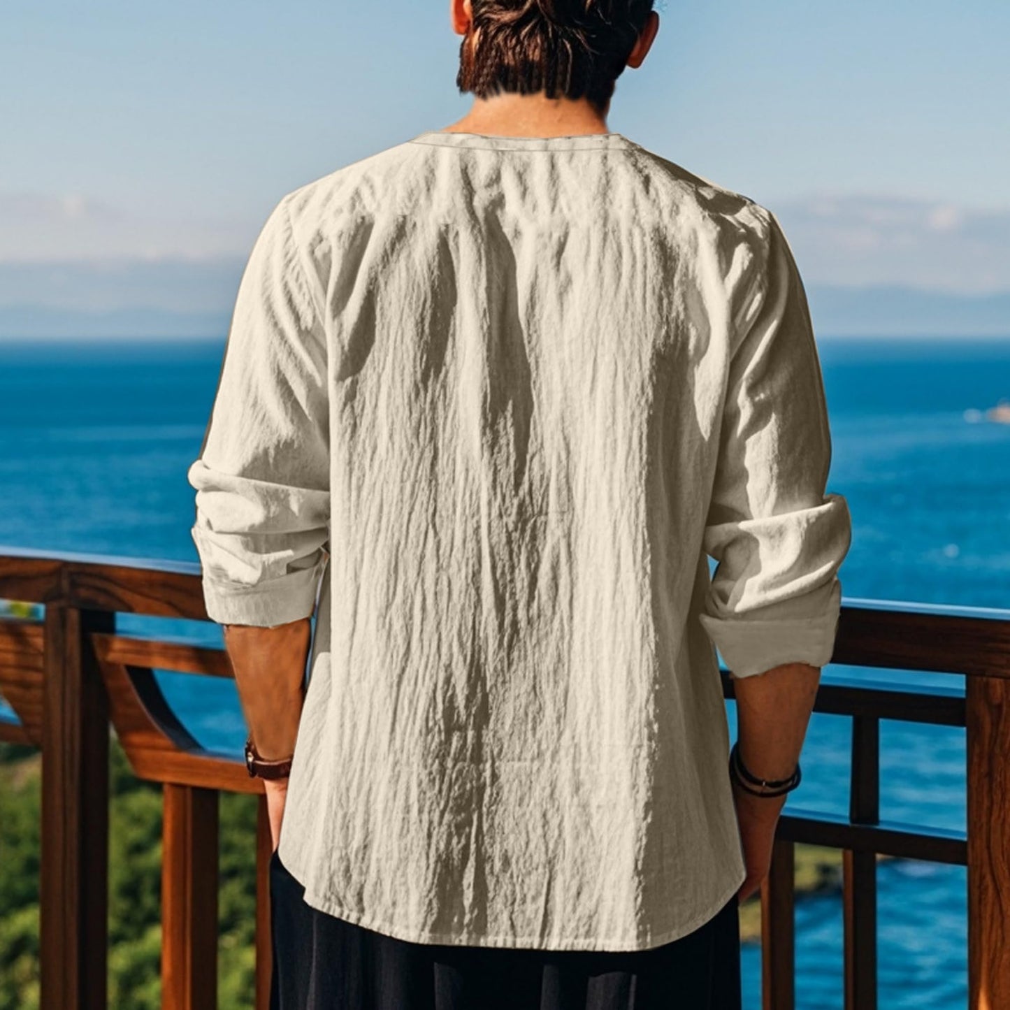 Men's Summer Cotton T Shirts Casual Long Sleeve V Neck Shirts Hippie Beach Tops Drawstring Linen Shirts Linen Henley Shirts Apricot XL