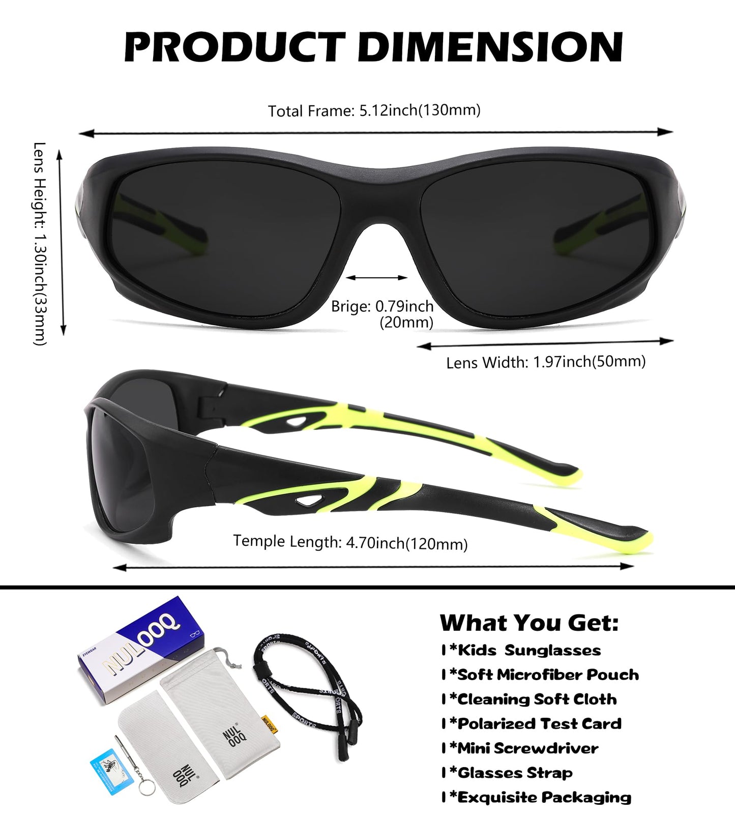NULOOQ Kids Baseball Polarized Sunglasses – Unbreakable Flexible Youth Sports Sunglasses for Boys Girls Age 4-12 (Matte Black Frame/Gray Lens)