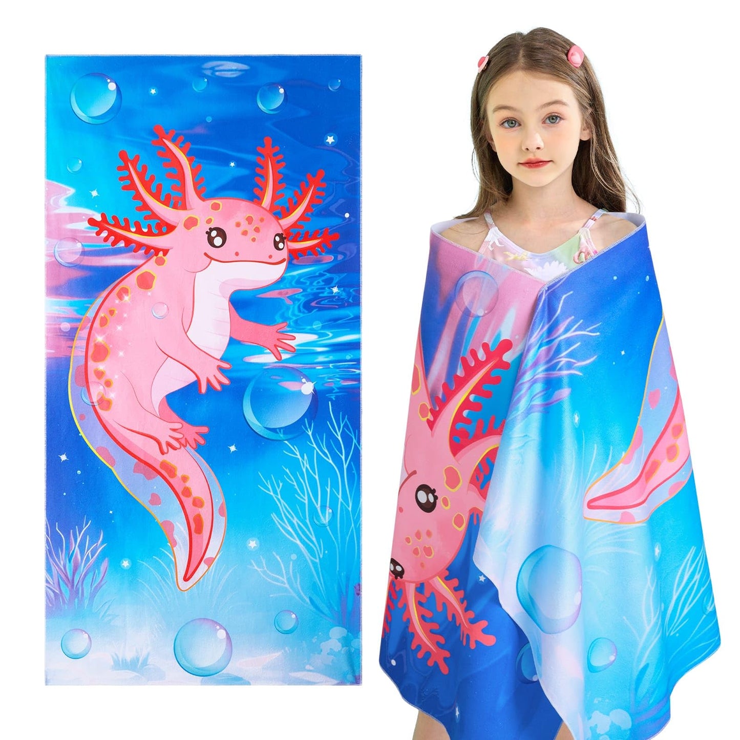 WERNNSAI Kids Beach Towel for Girls, Axolotl Quick Dry Swim Towel