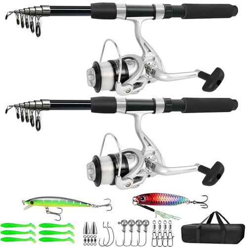 Fishing Pole Combo, 6.9ft 2Pcs Telescopic Rods Set, Collapsible Carbon Fiber Fishing Rods, 2PCS Spinning Reel Set with Carrier Bag Freshwater Fishing Rod and Reel Combos Kits (2.1M/6.89FT)