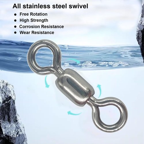 QHDJIANHUI 100 pcs Fishing Swivels, 100% 304 Stainless Steel Barrel Swivel Corrosion Resistance Power Crane Swivels Saltwater and Freshwater Fishing Line Lure Leader Connector (8# 0.39"/ 80LB)